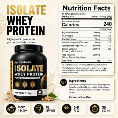 NurtureNova Isolate Whey Protein Powder 1kg, High Nutrition Fitness Drink Mix, 40 Servings, Workout & Daily Support Formula